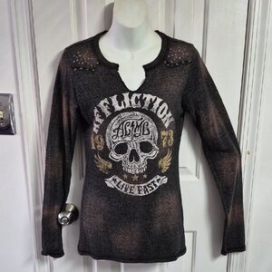 Affliction Women's Brown/Tan Skull Graphic Long Sleeve Top